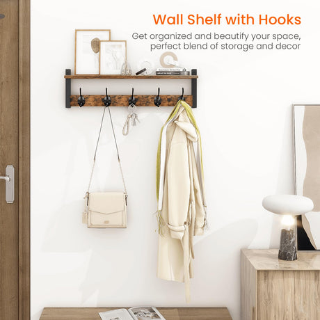 Homode Coat Rack with Shelf Wall Mount, 24 Inch Long Entryway Wall Shelf with Hooks, Wood Hanger with Storage Shelf for Bathroom, Hallway, Rustic Brown Black Homode