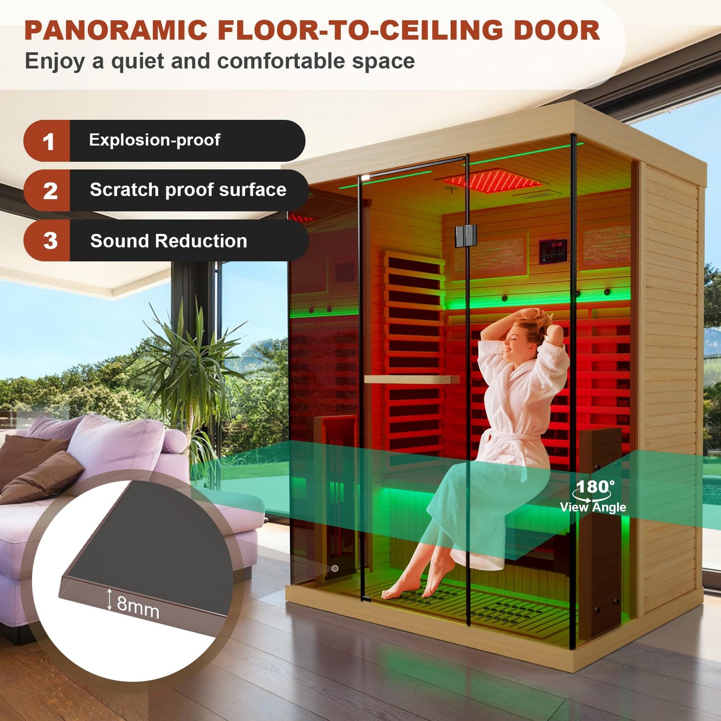 SAUNAERA Full Spectrum Infrared Sauna，2-3 Person Home Sauna，Wooden Canadian Hemlock Indoor Spa Sauna with Resonance Speaker, Panoramic Tempered Glass Door