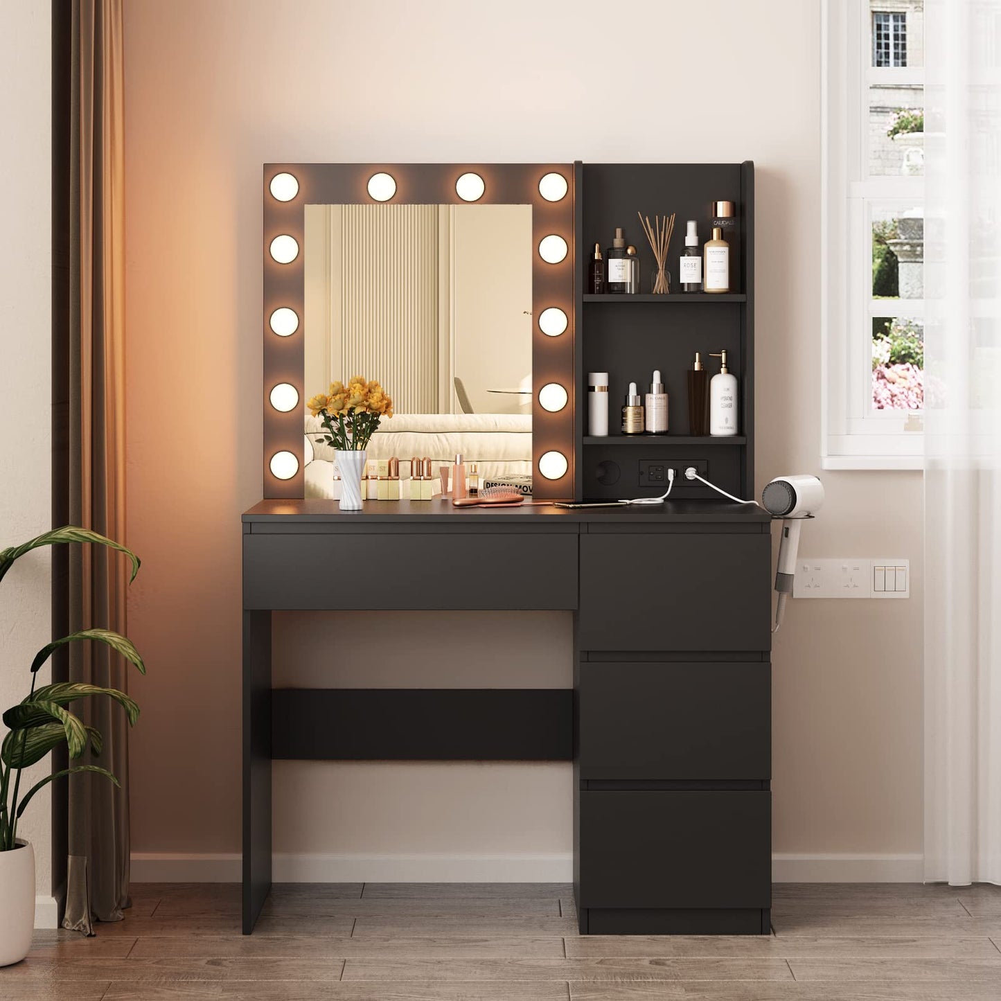 Vabches Makeup Vanity with Lights, 37inch Vanity Desk with Power Strip, 4 Drawers Makeup Table with Lighted Mirror, 3 Lighting Colors,Black