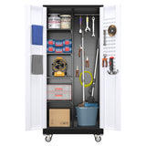 SUXXAN Broom Closet Storage Cabinet, Metal Cabinets with 13 Hooks and Hanging Rods, 71" Vertical Storage Cabinet, Metal Garage Storage Cabinet, Heavy Duty Cleaning Cabinet for Garage, Laundry Room SUXXAN