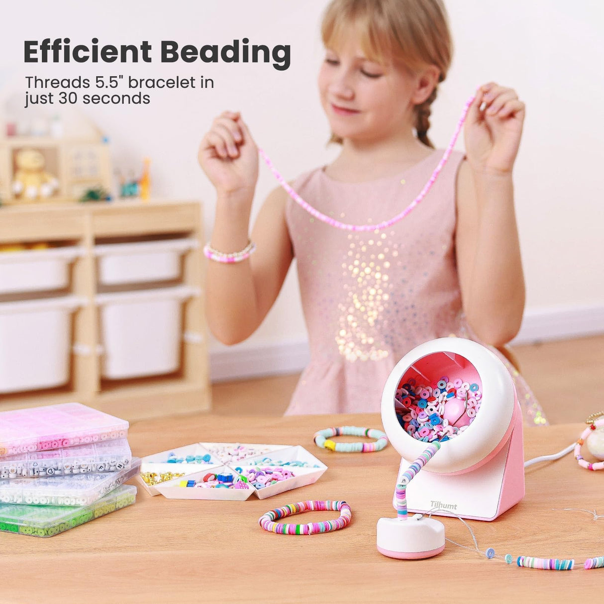 Tilhumt Clay Bead Spinner, Electric Bead Spinner for Jewelry Making, Friendship Bracelets Maker with Needle and Elastic String, Gift for Girls, Patent Design, Pink (Beads Not Included) Tilhumt