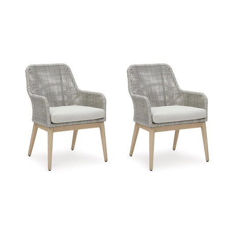 Signature Design by Ashley Seton Creek Cottage Weather Resistant Outdoor Dining Arm Chair with Cushion, Set of 2, Light Brown & Light Gray Signature Design by Ashley
