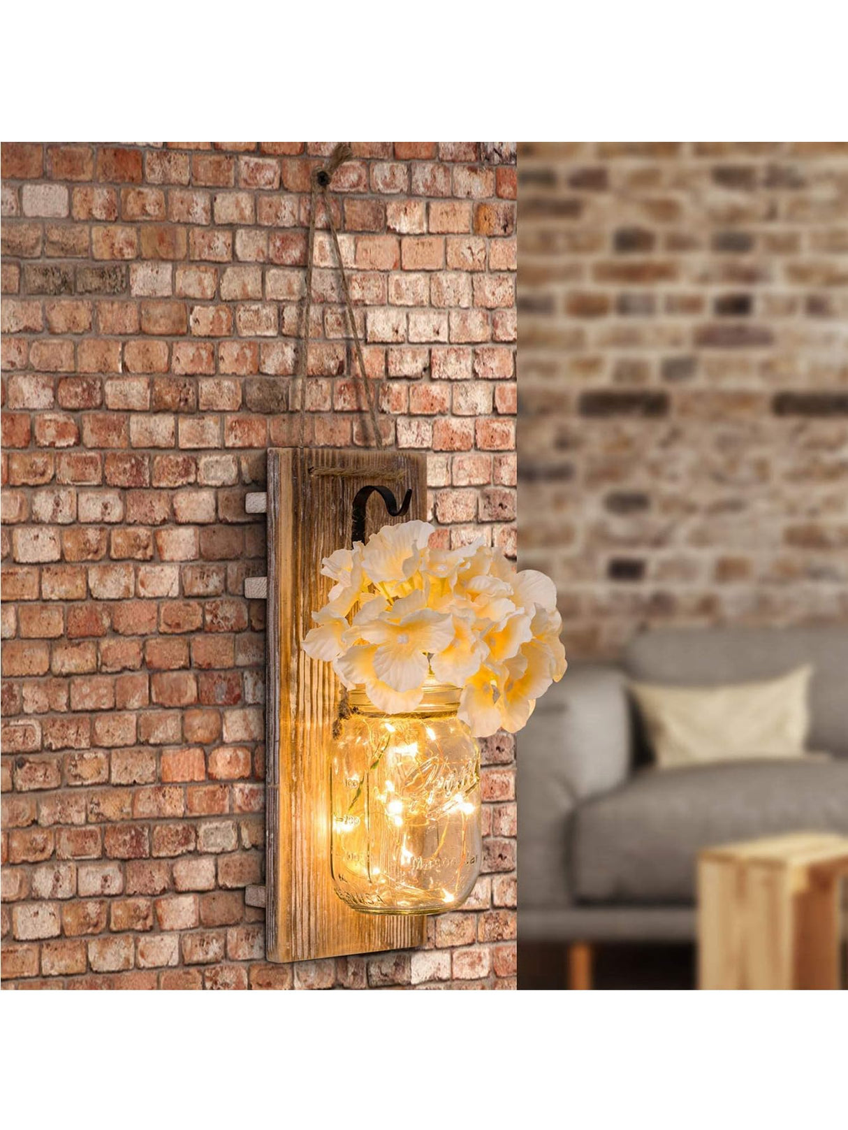 Mason Jar Wall Decor -Rustic with Hydrangea Flowers - Rustic Farmhouse Wall Sconces, 2 Pack, Easy Installation (Khaki Planks) Muasdae