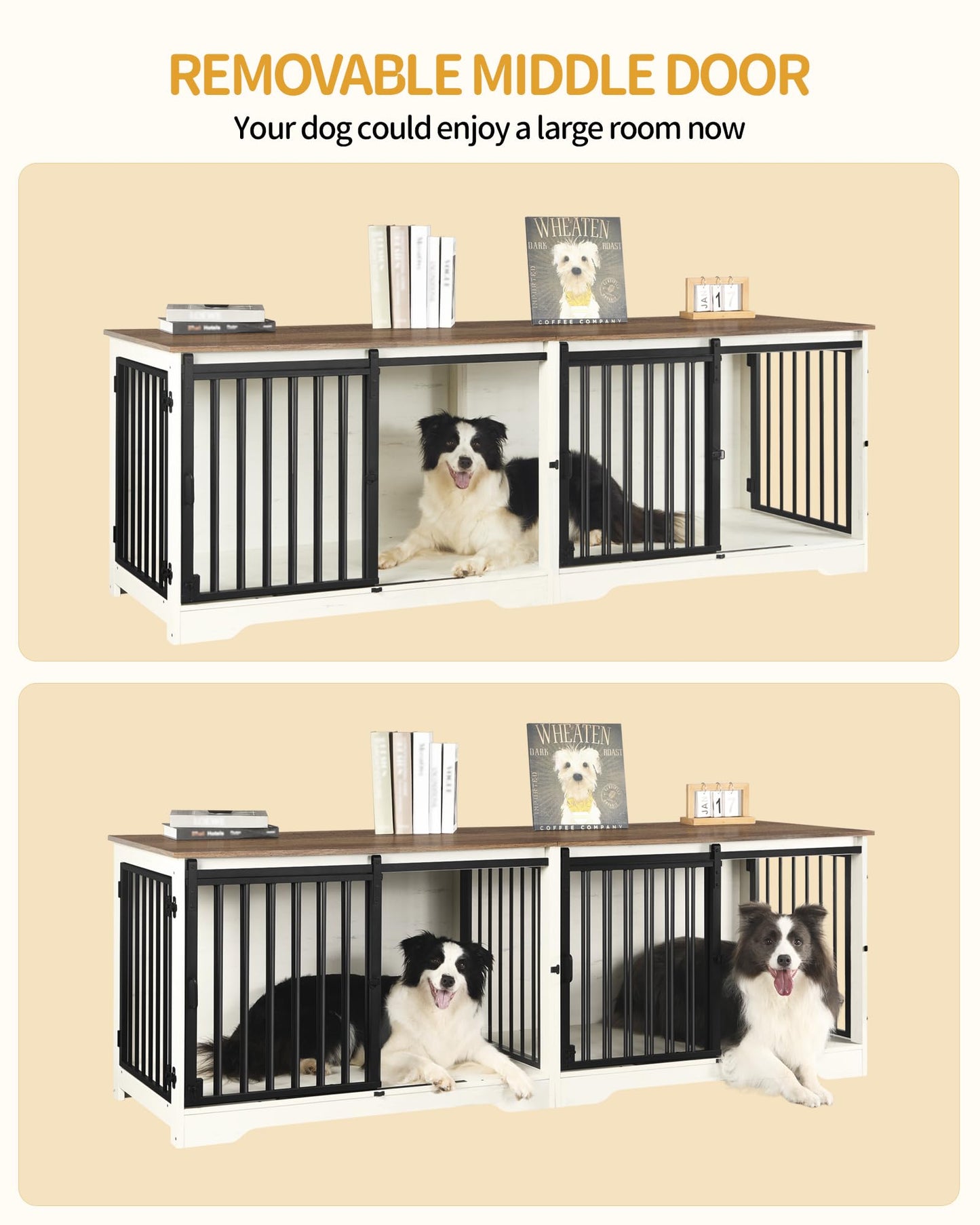 Hzuaneri 78" Dog Crate Furniture with Divider, Dog Crate Barn Door, Dog Kennel Indoor, Wood Dog Crate for 2 Dogs Small/Medium/Large Dog, End Side Table, Anti-Chew Anti-Escape, White Brown DFC - WoodArtSupply