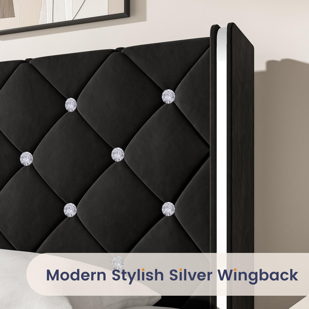 HOMBCK Twin Bed Frames, Upholstered Platform Bed with Diamond Tufted Headboard, Modern Velvet Bed Frame with Wingback Design, No Box Spring Needed, Easy Assembly, Black HOMBCK