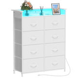 Welfuturer White Dresser for Bedroom with Power Outlets and LED Lights Narrow 8 Fabric Drawers Dressers Tall Storage Tower Unit for Entryway Closet Hallway Living Room Sturdy Steel Frame Wooden Top Welfuturer