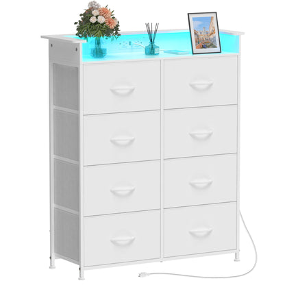 Welfuturer White Dresser for Bedroom with Power Outlets and LED Lights Narrow 8 Fabric Drawers Dressers Tall Storage Tower Unit for Entryway Closet Hallway Living Room Sturdy Steel Frame Wooden Top