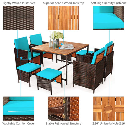 Tangkula 9 Pieces Acacia Wood Patio Dining Set, Space Saving Wicker Chairs and Wood Table with Umbrella Hole Outdoor Furniture Set, Suitable for Garden, Yard, Poolside, Outdoor Seating Set - WoodArtSupply