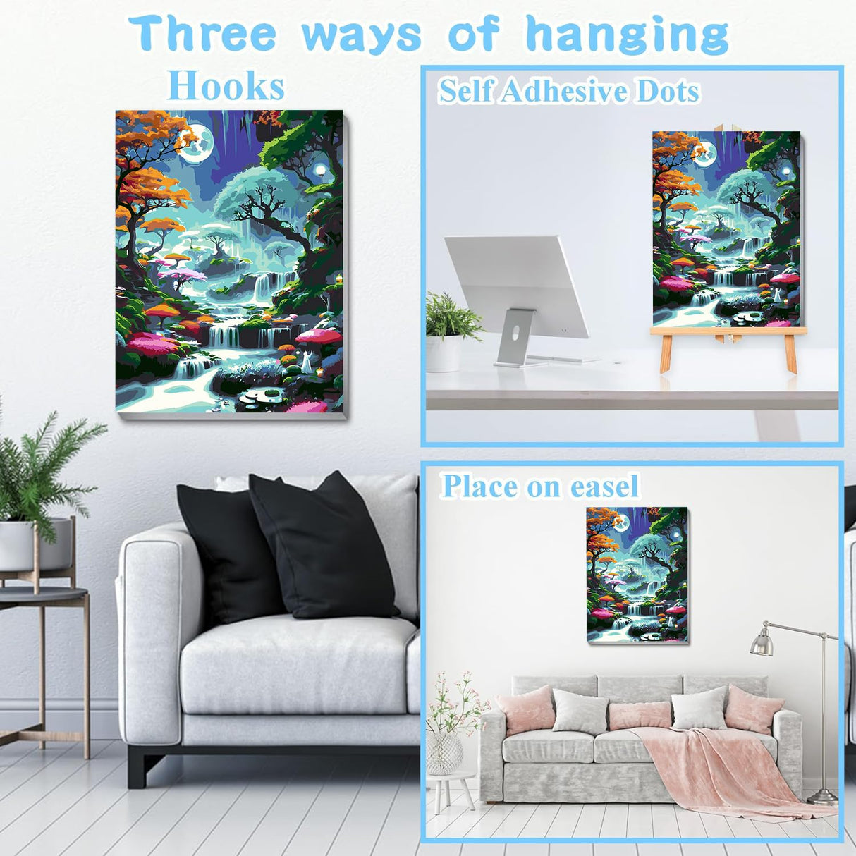 VIGEGU Paint by Numbers Kit for Adults Framed,with Wooden Easel Gift Box,Moon Waterfall Tree Paint by Numbers with Frame DIY Adults' Paint-by-Number Kits for Home Wall Decor 12x16inch VIGEGU