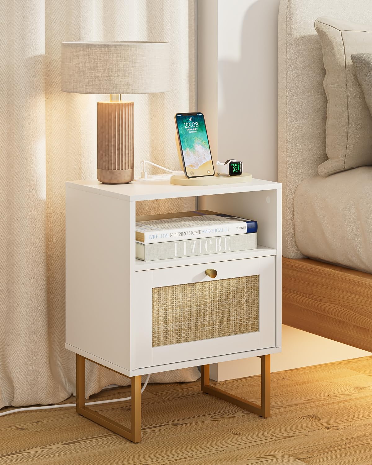 Masupu Rattan Nightstand with Charging Station,Modern Boho Farmhouse Wood Bedside Table with Storage Drawer and Open Shelf,Small Gold Frame Side End Table for Bedroom,Living Room,Office White Masupu