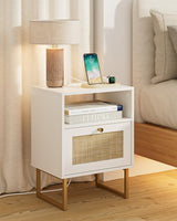 Masupu Rattan Nightstand with Charging Station,Modern Boho Farmhouse Wood Bedside Table with Storage Drawer and Open Shelf,Small Gold Frame Side End Table for Bedroom,Living Room,Office White Masupu