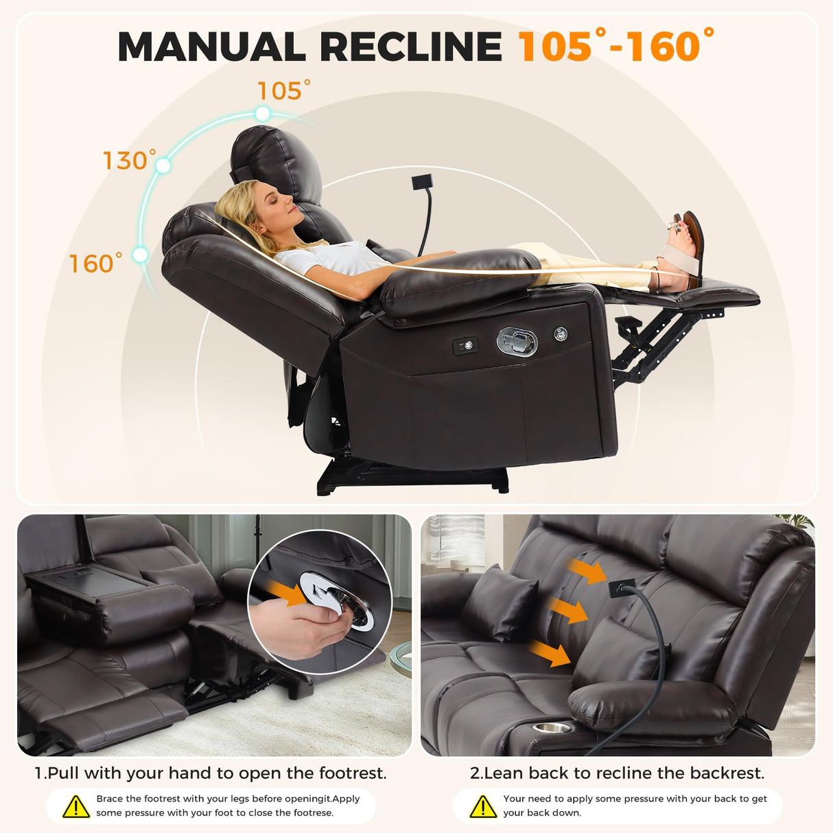 SENYUN 3-Seater Recliner Sofa, Flip Middle Backrest Manual Reclining Couch with Storage Drawer, Phone Holder and USB A&C Ports, Loveseat Recliner for Home Theater,Living Room,RV(Leather,Brown) SENYUN