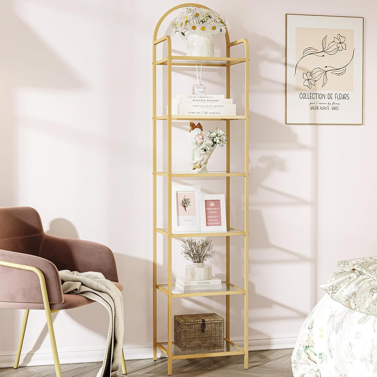 Hzuaneri Bookcase Bookshelf, Tempered Glass Bookshelves, Slim Shelving Unit for Bedroom, Bathroom, Home Office, Steel Frame, 6 Tier Gold BC10601G Hzuaneri