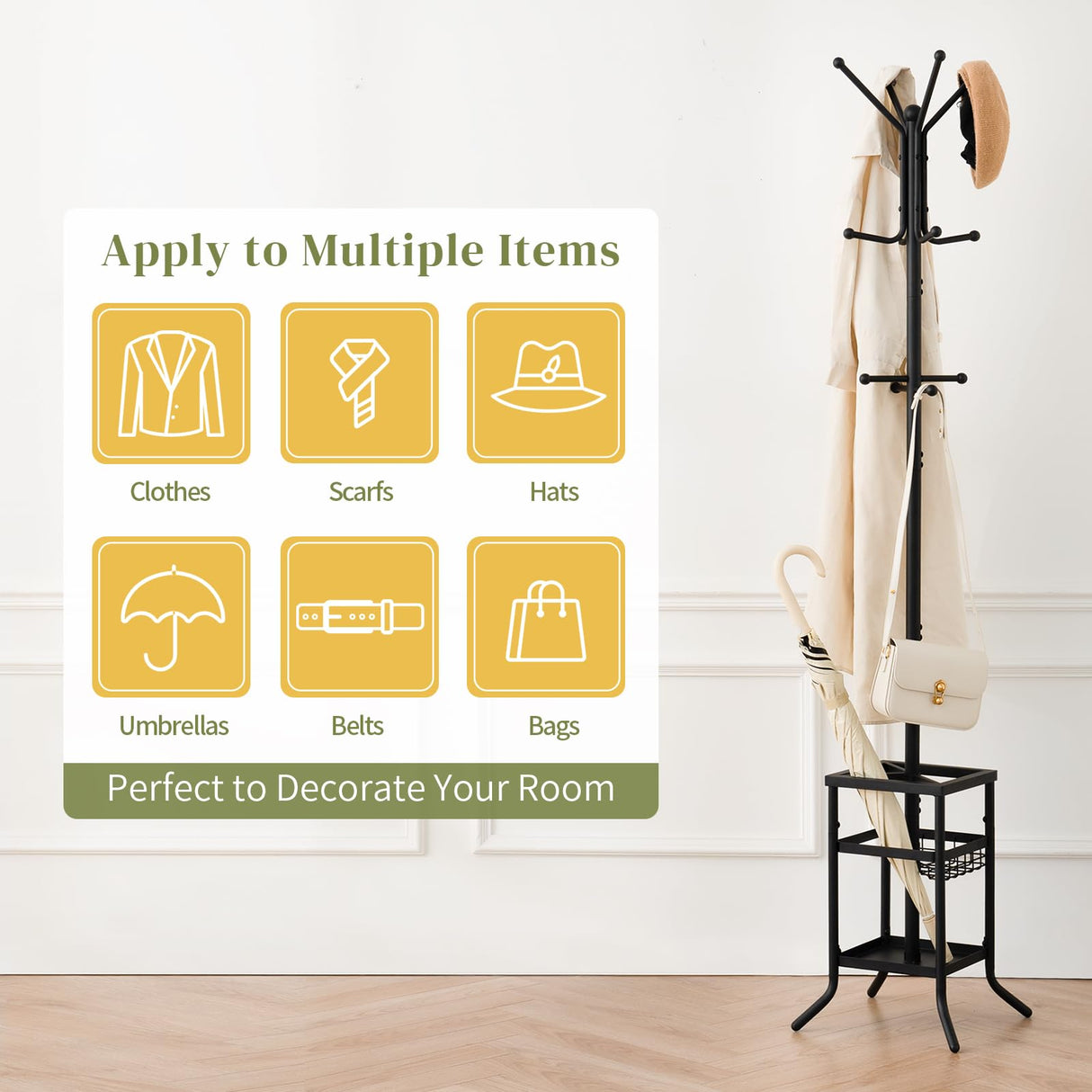 Yoobure Coat Rack Freestanding, Coat Tree with Umbrella Holder, Metal Coat Rack Stand with 12 Hooks, Modern Coat Hanger Stand for Entryway, Purse Rack Hat Rack Stand for Living Room Bedroom Office Yoobure