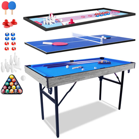 Multi Game Table, 54" Upgrade 5 in 1 Folding Sports Arcade Games with Accessories,Ping Pong,Pool Billiard,Shuffleboard,Bowling,Hockey Combo Game Set for Family Game Table,Indoor and Outdoor HLC