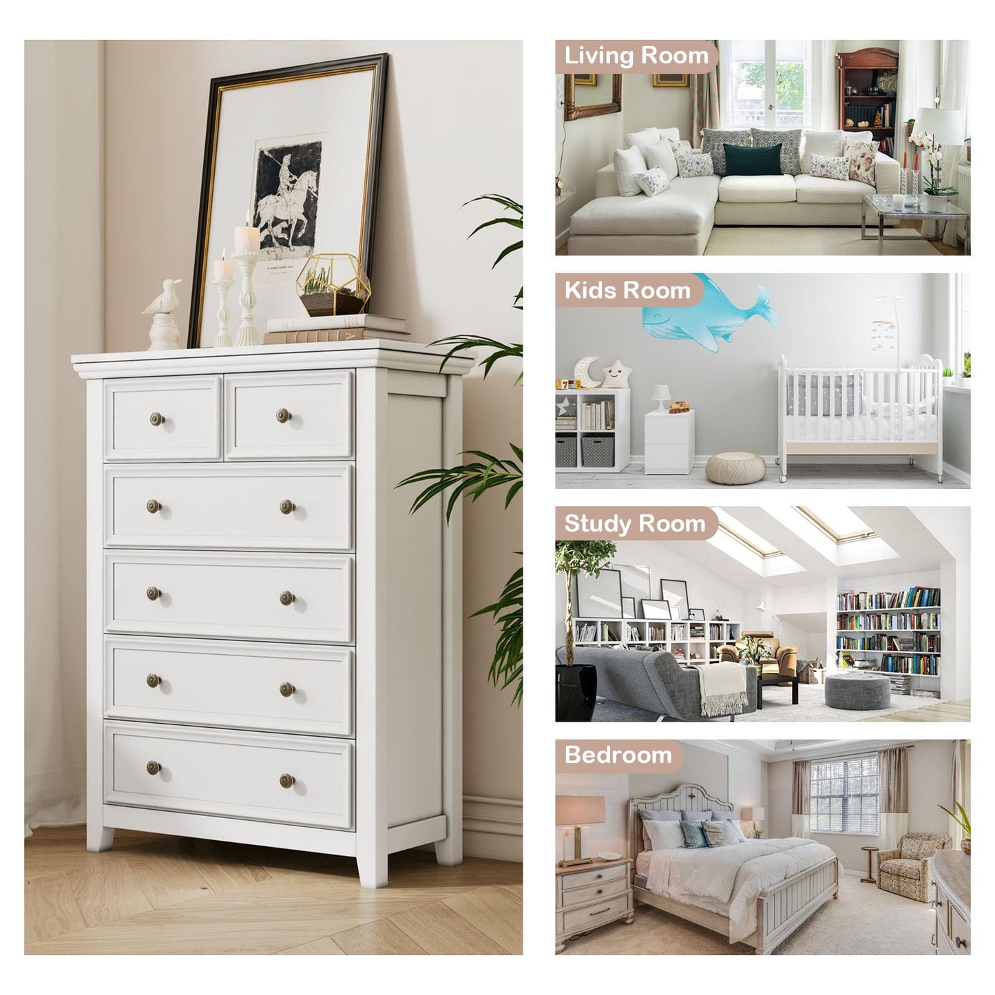 BLANKSPACE White Farmhouse Dresser, 6 Chest Drawer Dresser for Bedroom, Large Capacity Nightstand, Modern Tall Wood Cabinet for Bedroom, Living Room, Closets, Hallway - WoodArtSupply