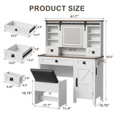 NEWBULAND Farmhouse Vanity with Mirror and Lights, 42" White Vanity Desk with 4 Drawers and Benches Makeup Table Set NEWBULAND