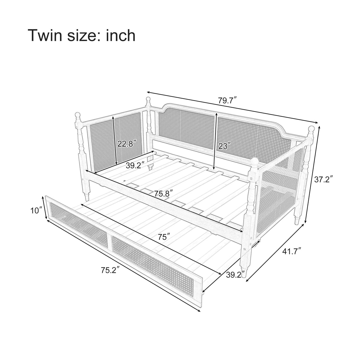 SOFTSEA Twin Size Rattan Wood Daybed with Trundle, Traditional Style Daybed with Trundle, Twin Trundle Bed with Sturdy Wooden Slats for Kids, Girls, Boys, No Box Spring Needed, Easy Assembly, Walnut SOFTSEA