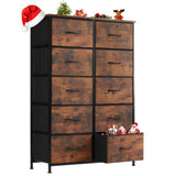 Sweetcrispy Dresser for Bedroom, Fabric Dresser with 10 Drawers, Tall Double Dresser, Chest of Drawers for Closet, Living Room, Sturdy Steel Frame, Wooden Top, Easy Pull Handle, Rustic Brown Sweetcrispy