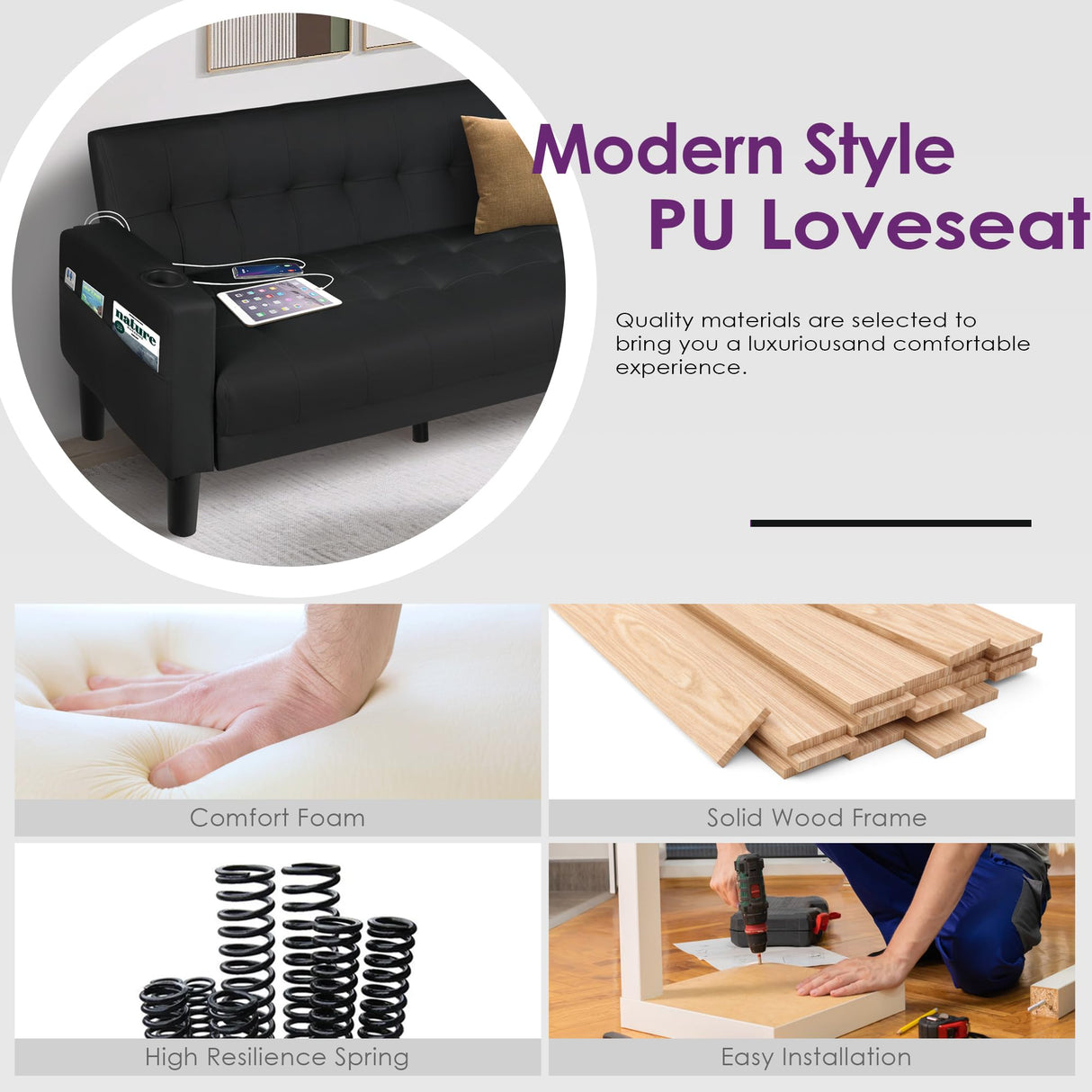 TYBOATLE Sofa Couch 62" W Loveseat w/ 2 USB Charger Ports & 2 Cupholders, Mid-Century Modern Tufted Black Faux Leather Small Love Seat Couches for Office,Compact Living Room,Bedroom,Apartment,Dorm TYBOATLE