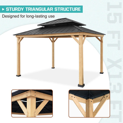 EAGLE PEAK 13x15 Hardtop Wood Gazebo, Outdoor Cedar Wood Frame Pavilion with Galvanized Steel Double Roof, for Patio, Deck, Backyards, Garden,Natural Wood/Black - WoodArtSupply