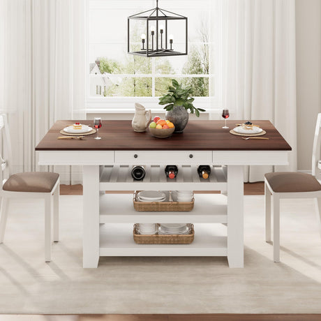 GAOMON 60" Counter Height Dining Table for 4, Farmhouse Rectangular Tall Bar Height Kitchen Dining Table & Thick Table Top, with Deepened Wine Rack & Shelves for Kitchen, Bar,Retro White & Brown GAOMON