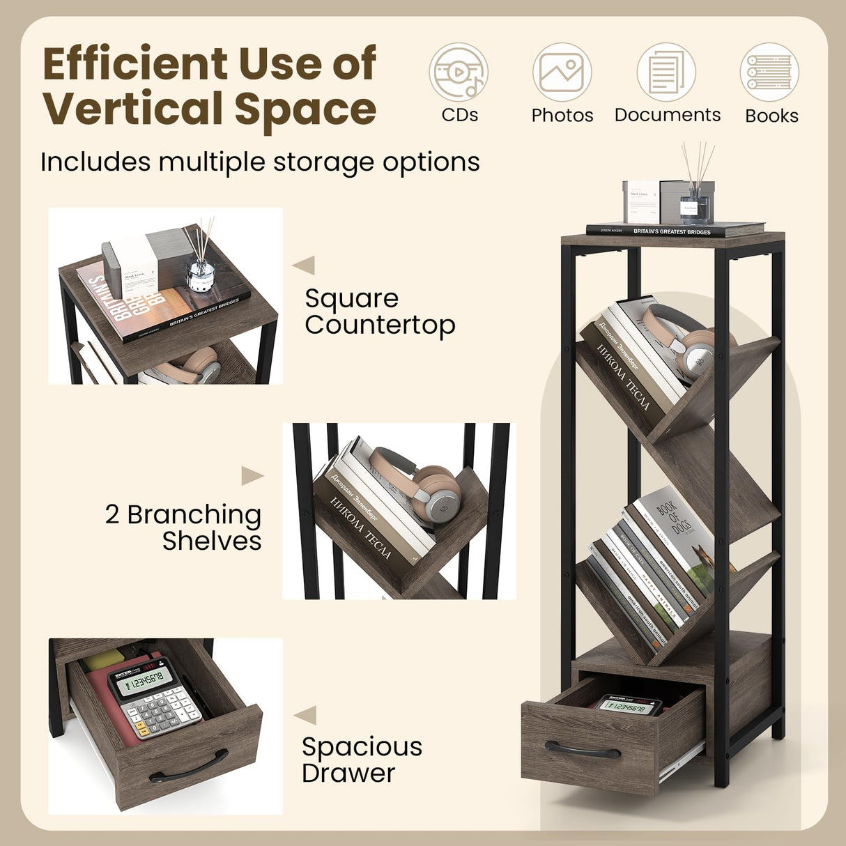 Giantex Tree Bookshelf with Drawer, 4-Tier Narrow Bookcase with Metal Frame, Tall Floor Standing Storage Organizer for Small Space, Wooden Display Shelves for Living Room, Bedroom, Study (1) Giantex