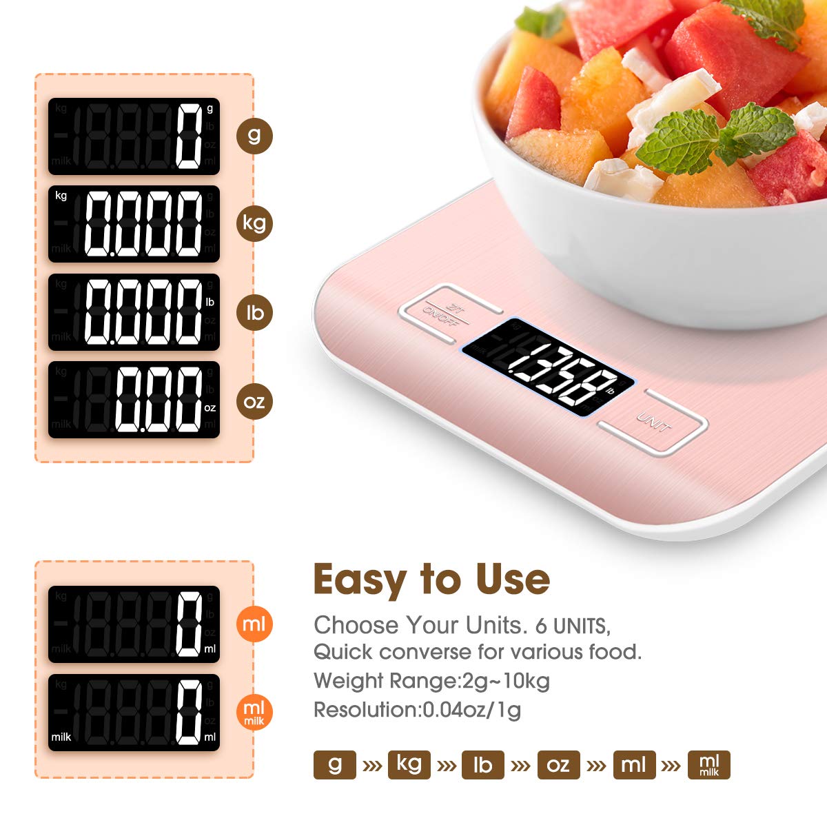 Mik-Nana Food Scale Pink, 10kg/22lb Digital Kitchen Scale Weight Grams and Oz for Baking and Cooking, 1g/0.1oz Precise Graduation, Easy Clean Stainless Steel Mik-Nana