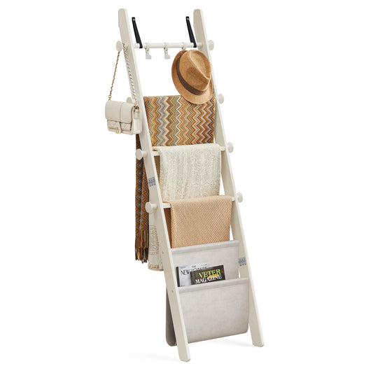 VASAGLE Blanket Ladder for Living Room, 5-Tier Wooden Ladder Shelf, Decorative Farmhouse Blanket Rack with Synthetic Leather Bag, Metal Hooks, Side Hooks, for Bedroom, Cream White ULLS022W01 - WoodArtSupply