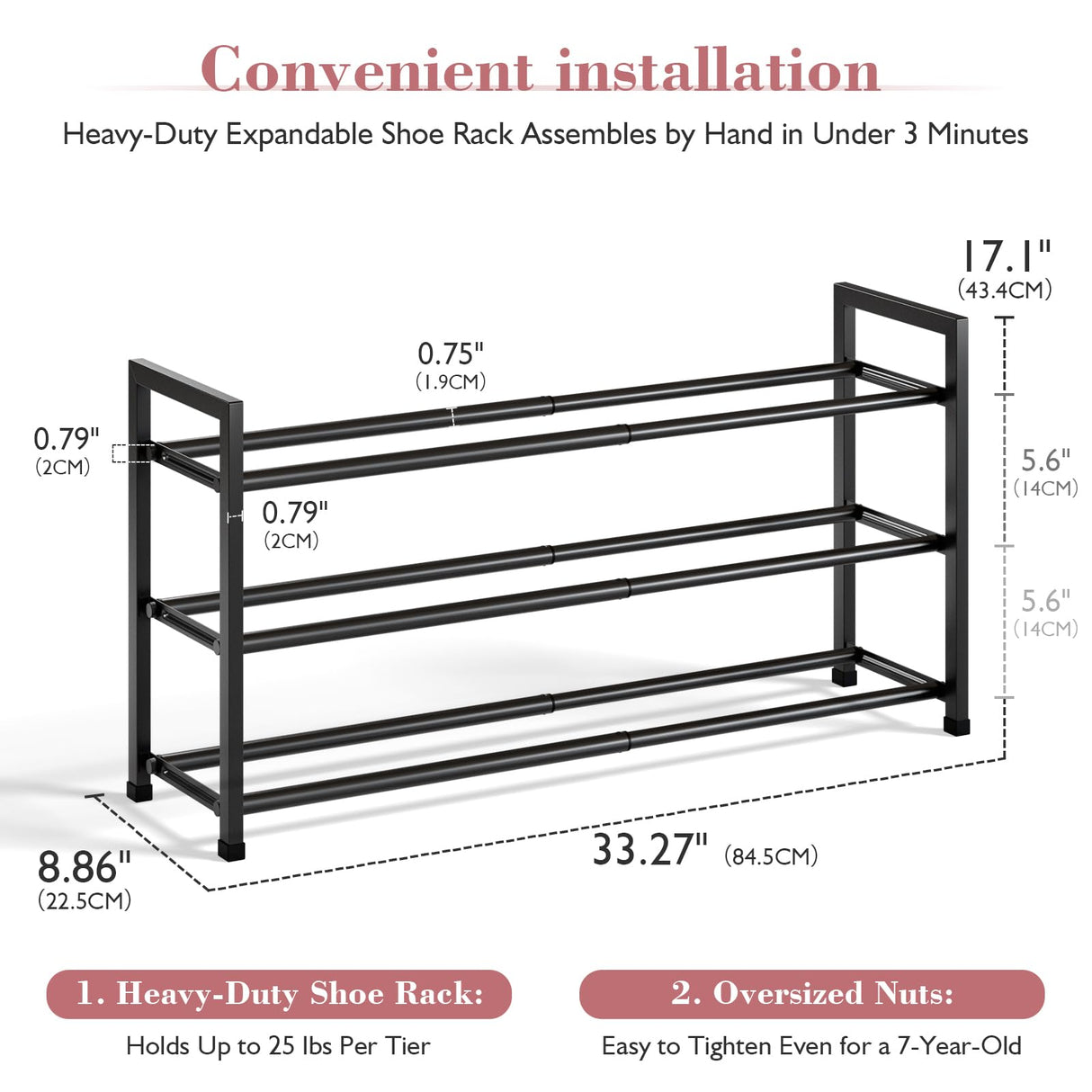 Bumusty 3-Tier Expandable Shoe Rack for Closet, 18“-33” Adjustable Shoe Rack for Small Space, Small Shoe Organizer for Front Door, Sturdy Metal, Black Bumusty