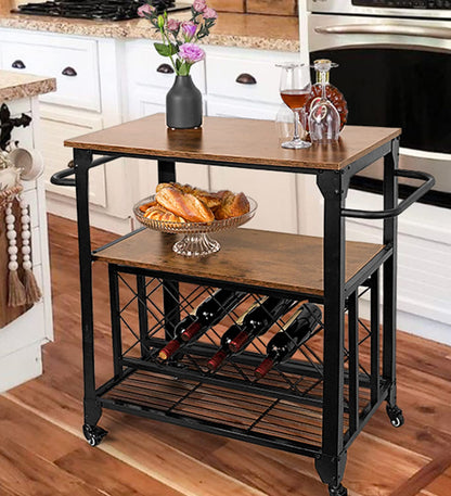 WAYTRIM Bar Cart, 3 Tier Home Freely Rolling with Wheels, Industrial Vintage Style Wood Metal Serving Trolley Kitchen Serving Cart with Rack and Cup Holder, for Dining Rooms, Garden, Bar