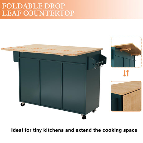 HLR Kitchen Island On Wheels, Rolling Kitchen Island Cart with Drop Leaf Countertop, Barn Door Kitchen Island Table with Storage Cabinet and Tower Rack, Island Table for Kitchen (Dark Teal) HLR