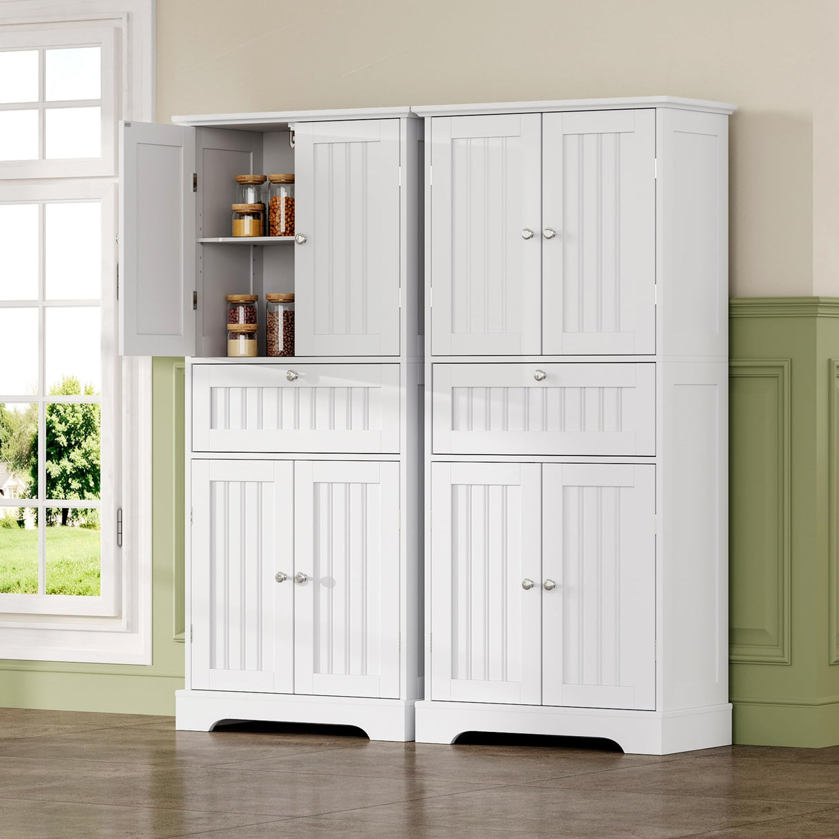 ChooChoo 51" H Tall Bathroom Floor Cabinet, Modern Bathroom Storage Cabinet with Drawer and Adjustable Shelves, Freestanding Kitchen Pantry Cupboard with 4 Doors for Living Room, White ChooChoo