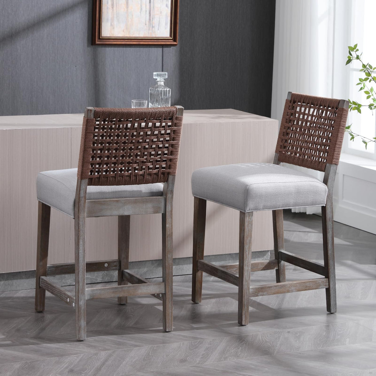 DM Furniture 27" Farmhouse Counter Height Bar Stools Set of 4 for Kitchen Island Midcentury Linen Upholstered Stool Chairs with Wicker Backrest and Wood Legs for Home Bar/Dining Counter/Patio, Grey DM Furniture