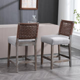 DM Furniture 27" Farmhouse Counter Height Bar Stools Set of 4 for Kitchen Island Midcentury Linen Upholstered Stool Chairs with Wicker Backrest and Wood Legs for Home Bar/Dining Counter/Patio, Grey DM Furniture