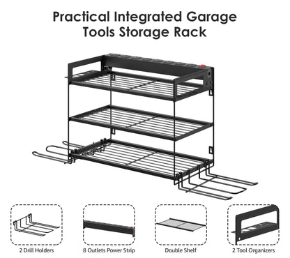 CCCEI Garage Tools Storage with Charging Station. Power Tool Battery Organizer Utility Shelf with Power Strip. 4 Drills Holder Wall Mount Rack, Black 3 Layer.