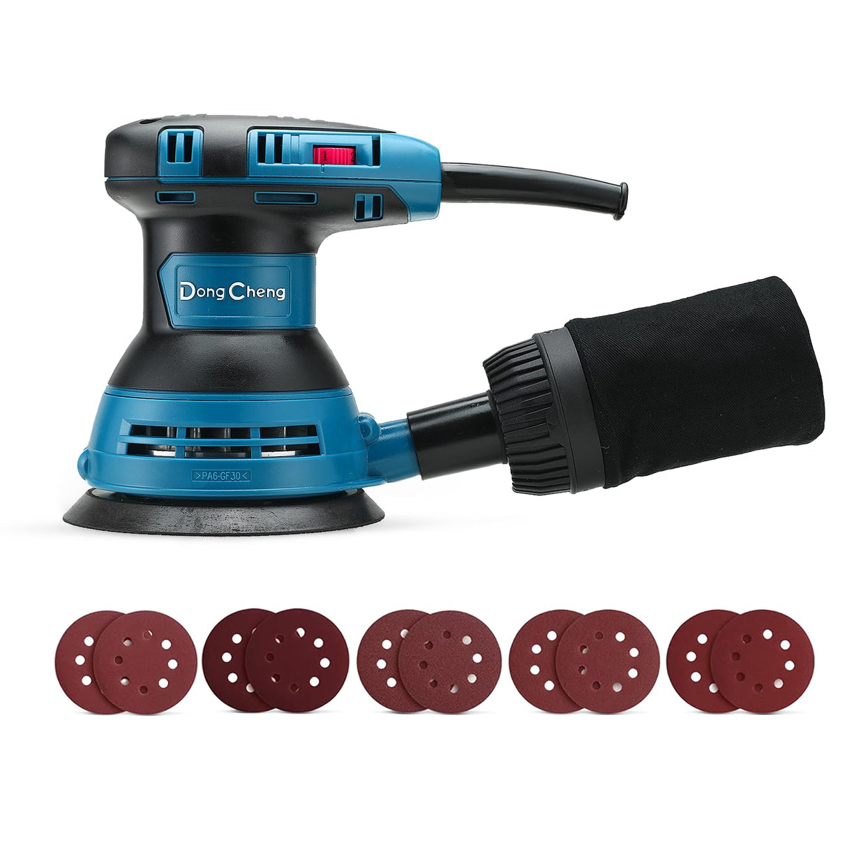 DongCheng 5” Random Orbital Sander, 3.0 Amp 12000OPM, 6 Variable Speed Electric Sander Kit with 10pcs Sandpapers & detachable Dust Collector, for Woodworking/Sanding/Polishing Dong Cheng