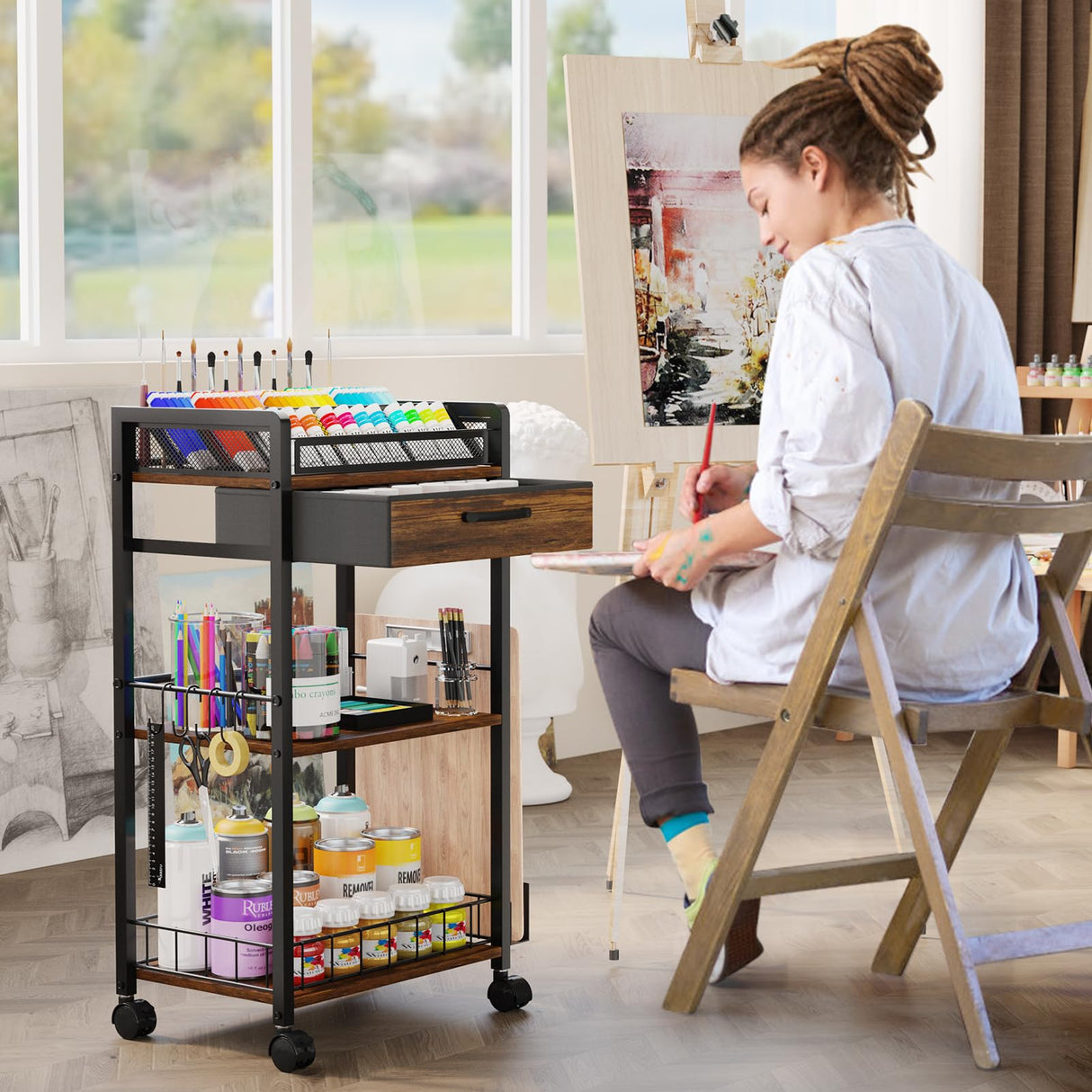 Homsorout 3 Tier Rolling Cart - Metal Utility Cart with Storage Drawer and Wheels, Versatile Art & Craft Organizer for Home, Office, or Studio Ideal for Storing Brushes, Paints, and Supplies Brown Homsorout