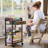 Homsorout 3 Tier Rolling Cart - Metal Utility Cart with Storage Drawer and Wheels, Versatile Art & Craft Organizer for Home, Office, or Studio Ideal for Storing Brushes, Paints, and Supplies Brown Homsorout