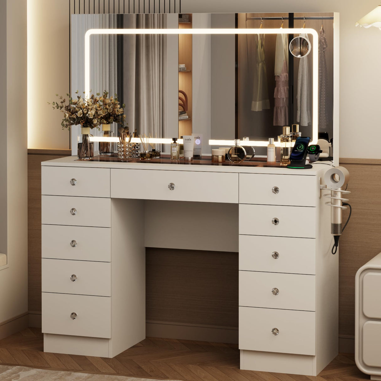 Otterease White Makeup Vanity, 11 Drawers Vanity Mirror with Lights, Makeup Vanity Desk with 3 Lighting Modes Adjustable Brightness, Vanity with Glass Top for Bedroom Otterease