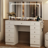 Otterease White Makeup Vanity, 11 Drawers Vanity Mirror with Lights, Makeup Vanity Desk with 3 Lighting Modes Adjustable Brightness, Vanity with Glass Top for Bedroom Otterease
