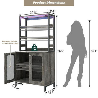 Aheaplus Bar Cabinet with Power Outlets, 67" Tall Wine Bar Cabinet Liquor Cabinet with LED Lights and Glass Holder, Coffee Bar Station for Living Room, Microwave Stand Bakers Rack Cabinet, Black Oak