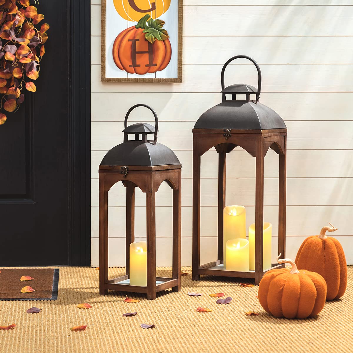 Glitzhome Set of 2 Mondern Farmhouse Wooden Lantern Hanging Decorative Candle Lanterns for Outdoor & Indoor Brown (No Glass) Glitzhome