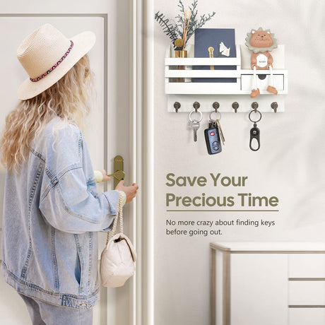 FifthQuarter Key and Mail Holder For Wall, Mail Organizer Wall Mount with 6 Hooks and Storage Drawer, Easy Installation Key Rack for Entryway and Home Decor (A-White) FifthQuarter