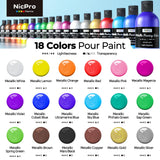 Nicpro 18 Colors 8.45oz Metallic Acrylic Pour Paint Supplies Kit, Large Volume Ready to Pour Premixed High Flow Pouring Paint Set with Silicone Pouring Oil, Gloves, Instructions for Beginner DIY Nicpro