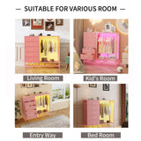 Dresser for Bedroom, Dresser with Hanging Rack Led Lights and Charging Station, Tall Dresser with 5 Fabric Chest of Drawers with PU Finish Storage Organizer, for Living Room Kids Room Closet, Pink SOOWERY