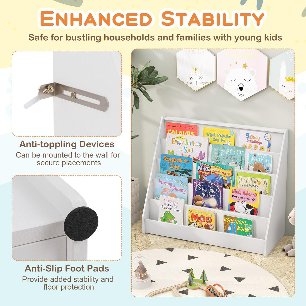 Costzon 5-Tier Kids Bookshelf, Wooden Children Bookcase, Toddler Book Rack, Magazine Storage & Display Shelf, Book Shelf for Kids Room, Living Room, Nursery, Classroom (White) Costzon