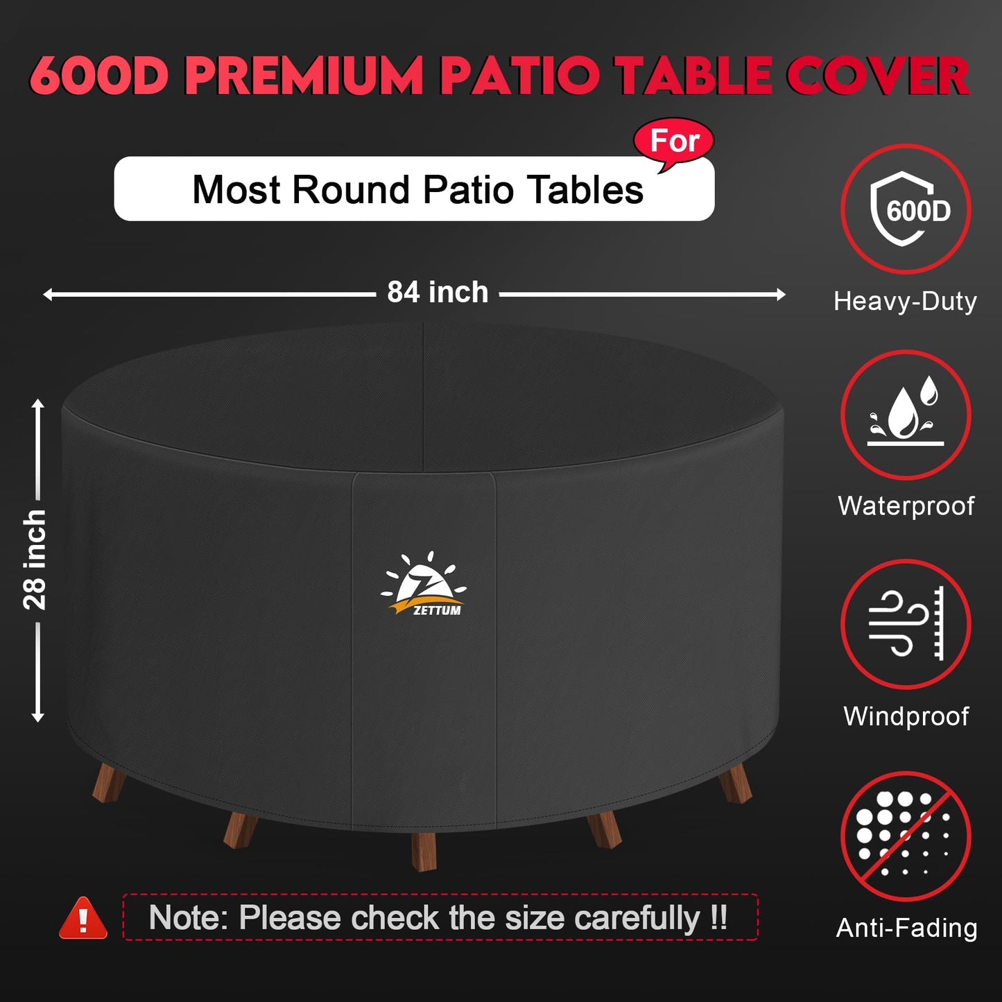 Zettum Round Patio Table Cover 84 Inch - 600D Outdoor Furniture Cover Round Waterproof & Heavy Duty, Lawn Furniture Set Covers Large for Outside Dining Table and Chairs Seating - 84 x 84 x 28 Inch