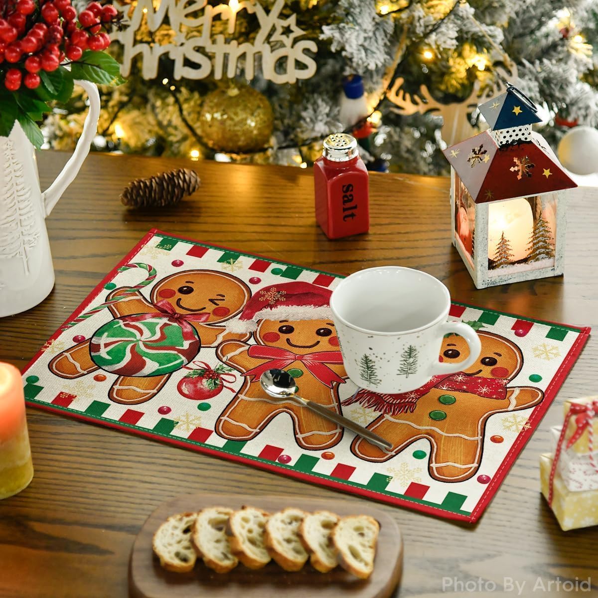 Artoid Mode Gingerbread Candy Cane Christmas Placemats Set of 4, 12x18 Inch Seasonal Table Mats for Party Kitchen Dining Decoration Artoid Mode
