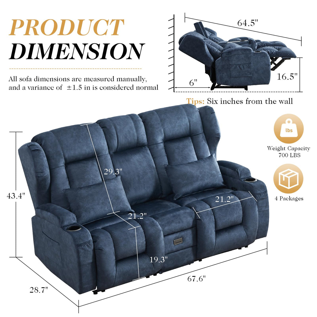 TCGBKAF Loveseat Recliner Sofa with Flip-up Console,Reclining Loveseat Sofa Wall Hugger Recliners for Small Spaces,Dual Manual Recliner Couches with Cup Holders for Living Room (Velvet Blue) TCGBKAF
